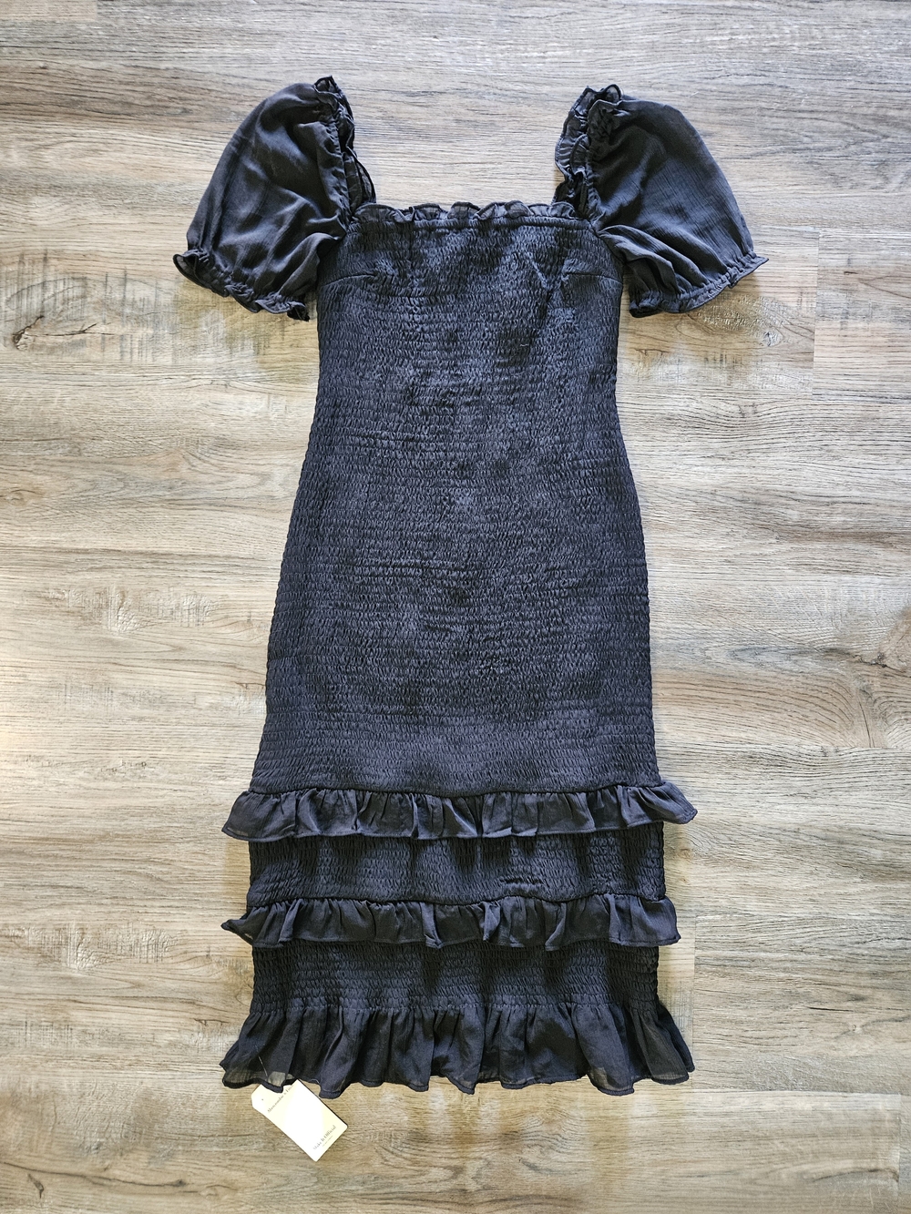 Abercrombie & Fitch Black Smocked Puff-Sleeve Ruffle Midi Dress